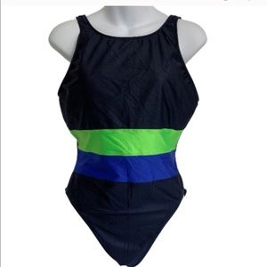 Nautica Black with Blue Green Striped One Piece Swimsuit 12